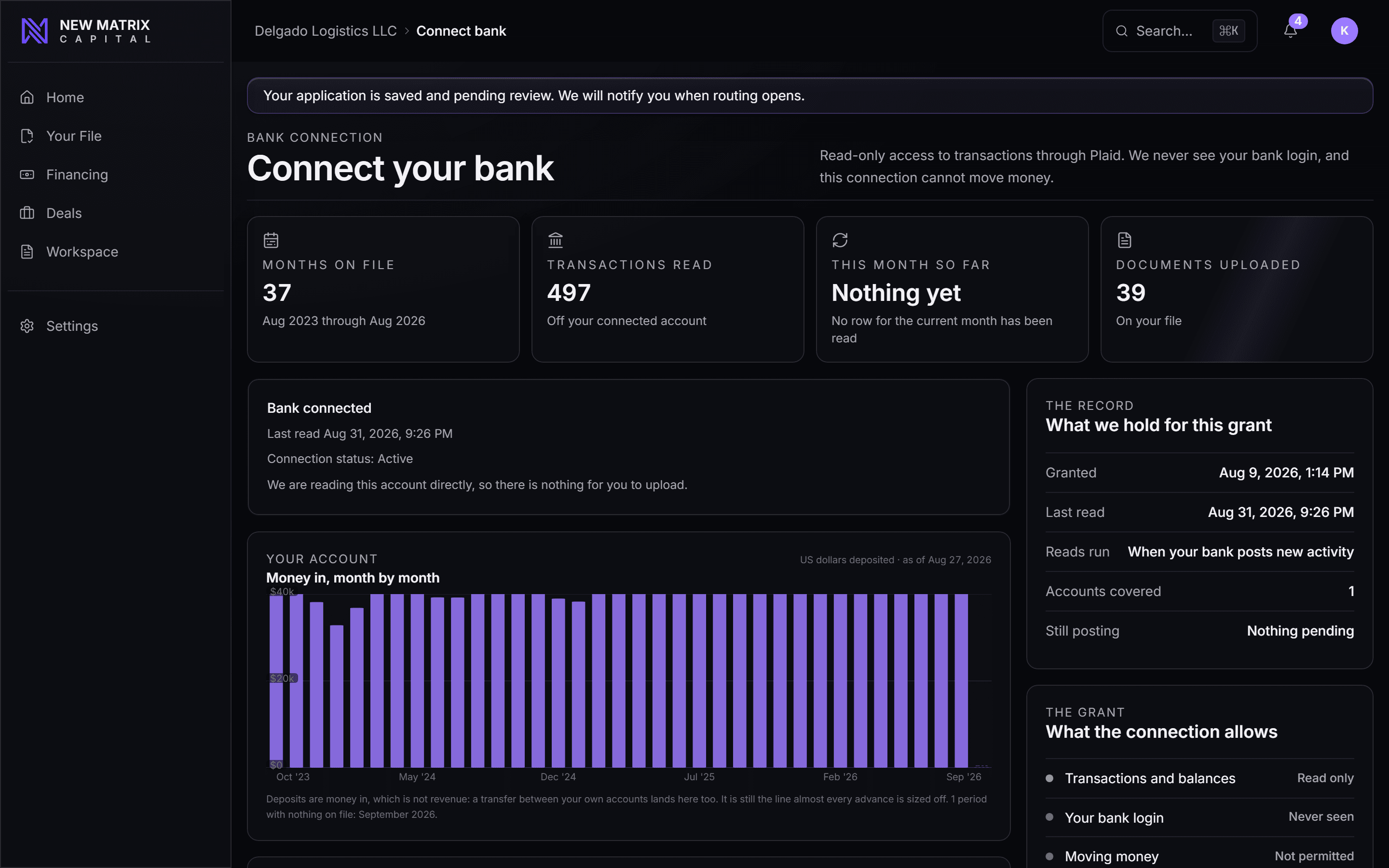 Your connected account: deposits by month, statement coverage, and what the file holds, desktop view