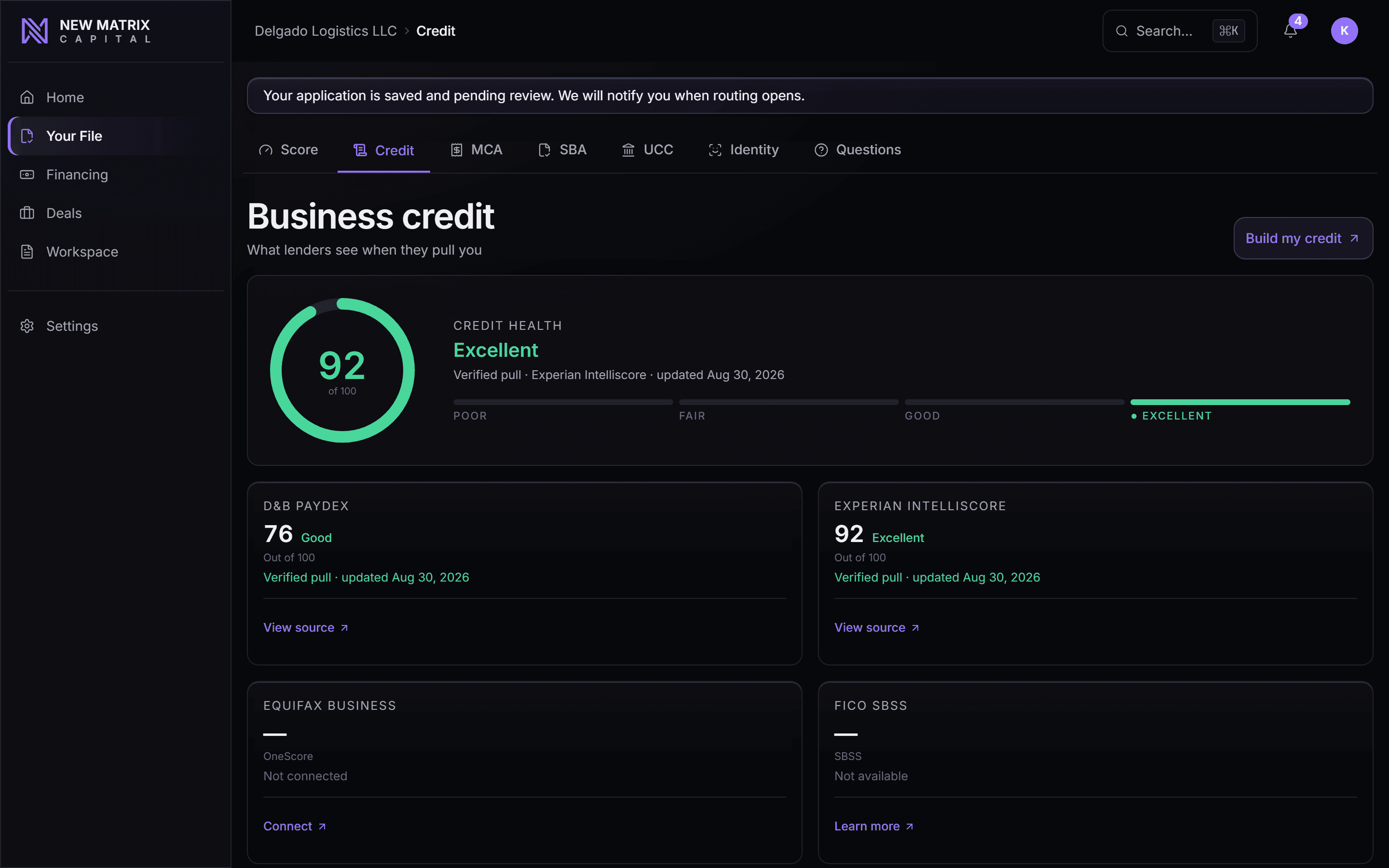 Business credit on your file, each value labeled by the source that supplied it, desktop view