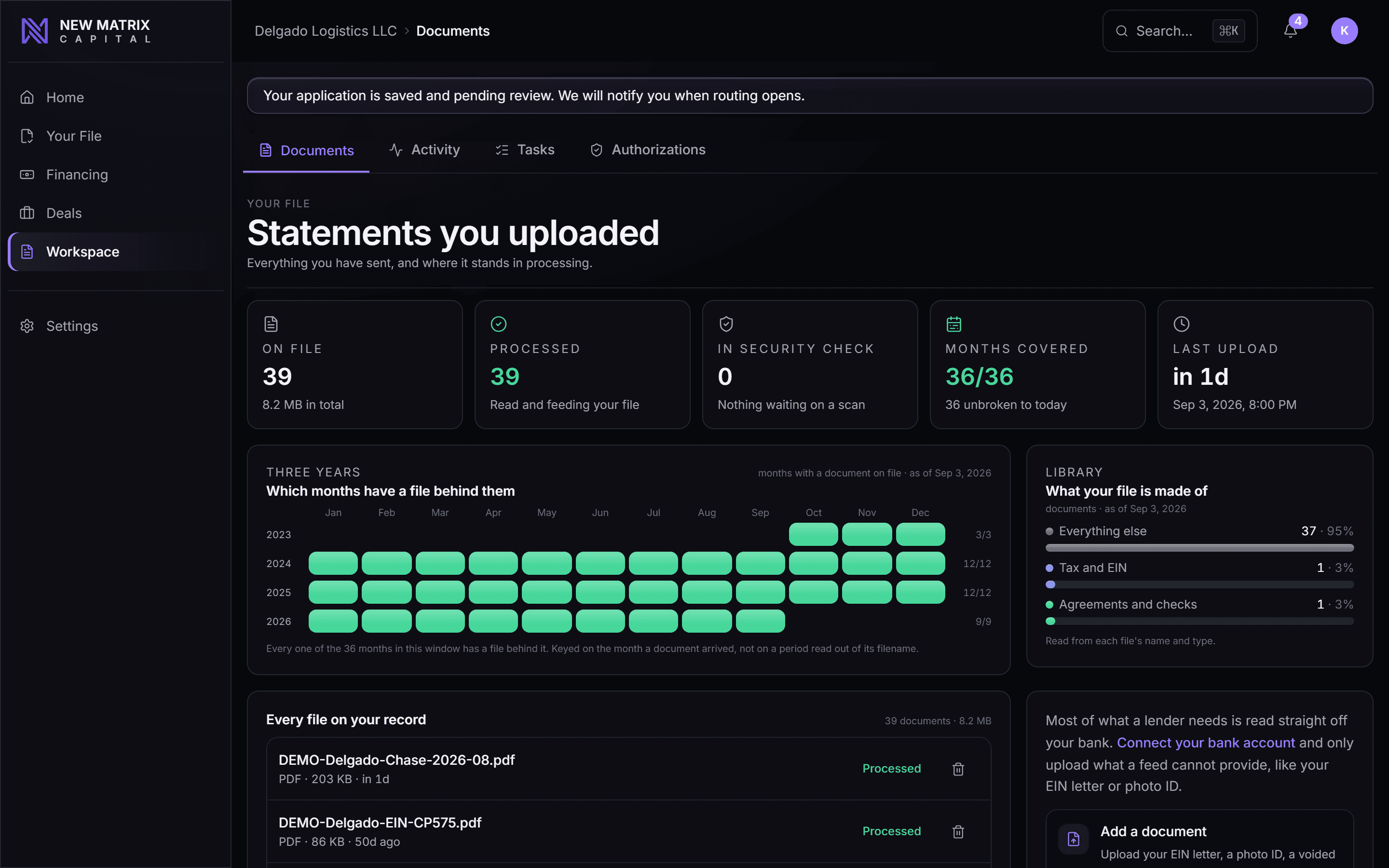 Your document vault: every upload and every month the bank connection covers, desktop view