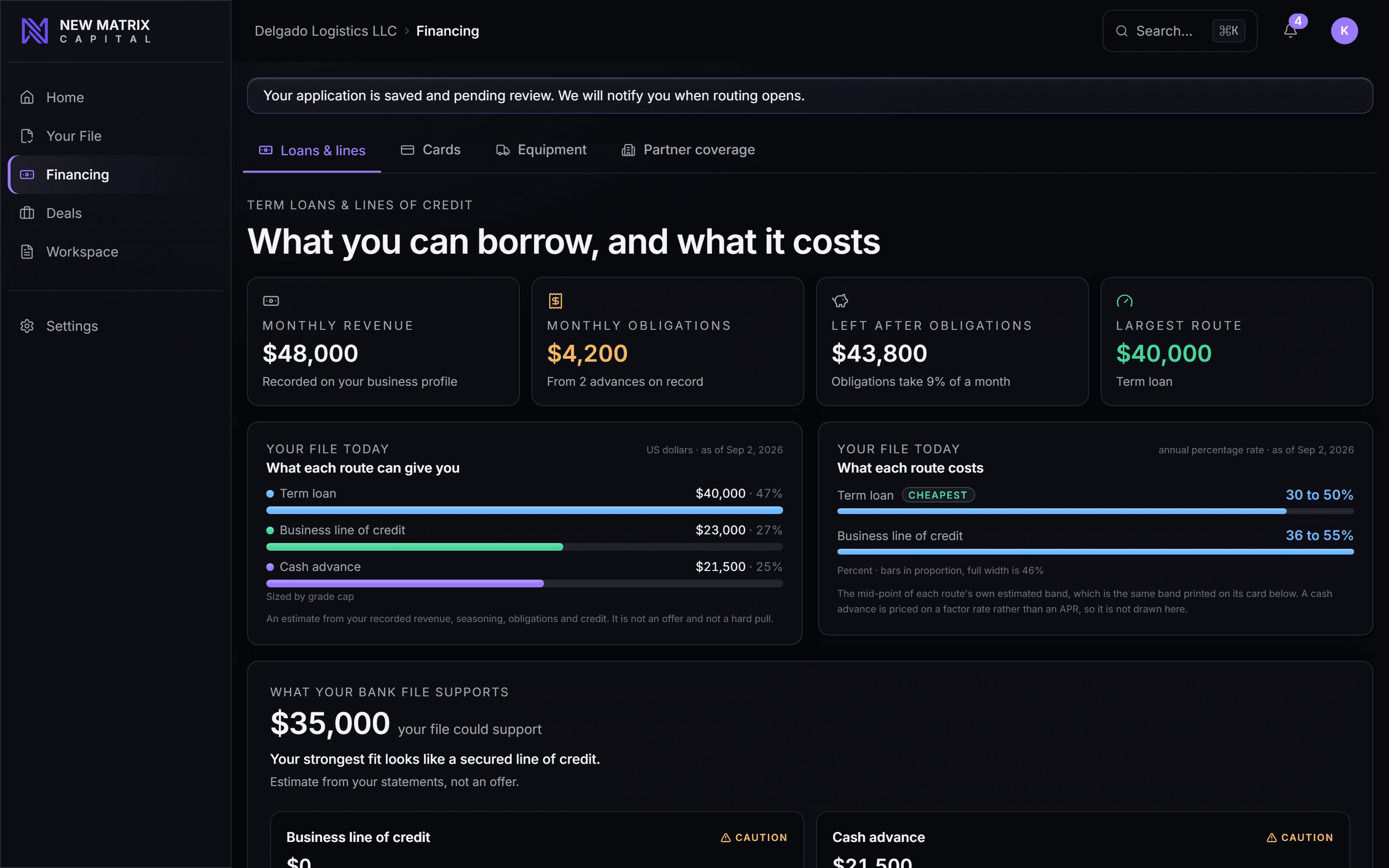 What each route can fund and what it costs, compared on the same bank file, desktop view