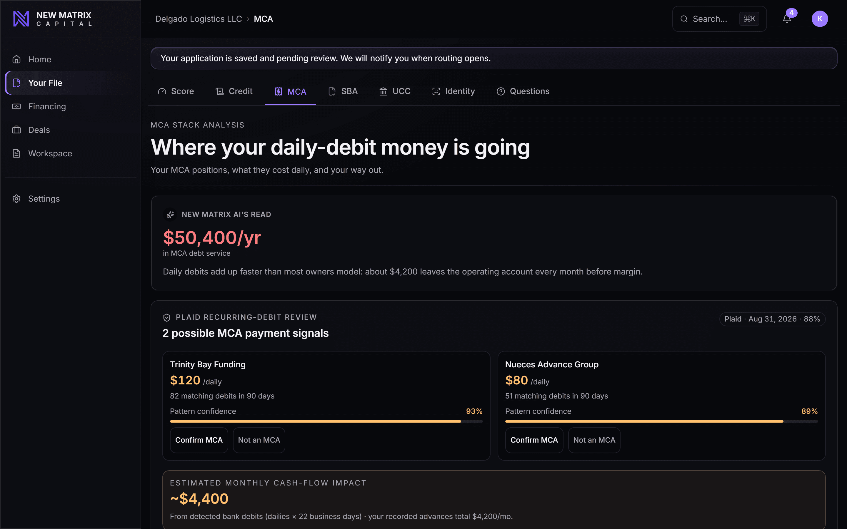 Stacked positions, monthly remittance, and what a refinance would take out, desktop view
