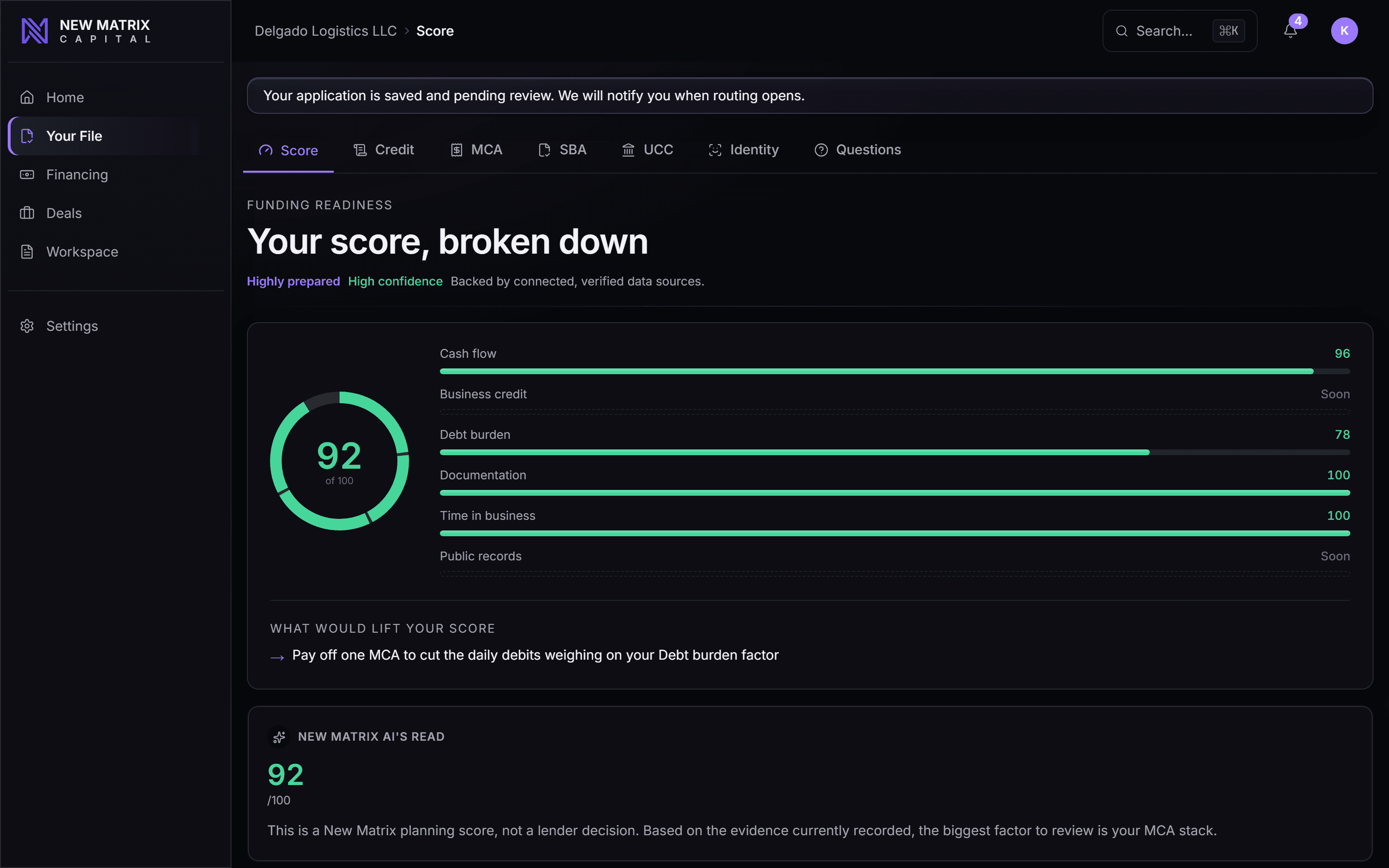 Every factor a lender reads, scored, with what would lift it, desktop view