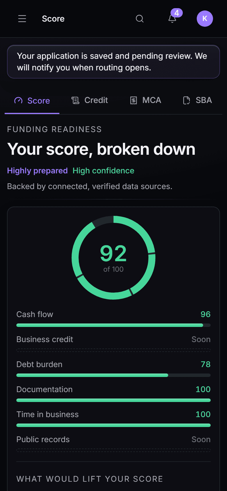 The readiness read on a phone: every factor a lender looks at, scored and sourced